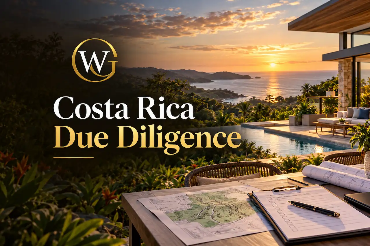Costa Rican coastal villa with property survey plans and an investor due diligence checklist.