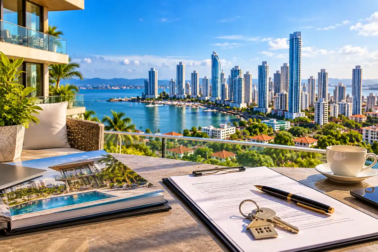 Luxury Panama City waterfront properties with real estate purchase documents for foreign investors.