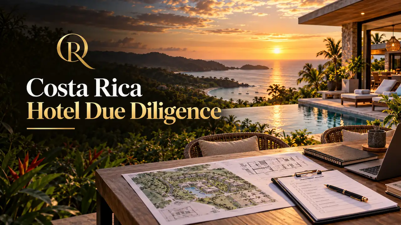 Luxury oceanfront hotel in Costa Rica at sunset with property plans and investment documents for hotel investment due diligence.
